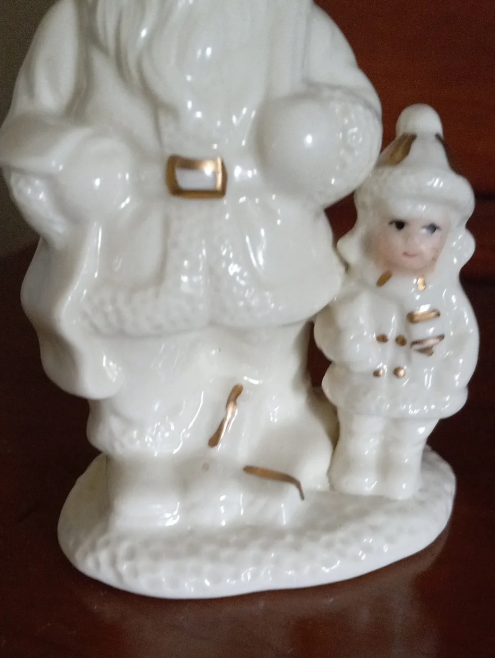 White Gold Ceramic Santa Claus with Child Figurine Holiday Decor